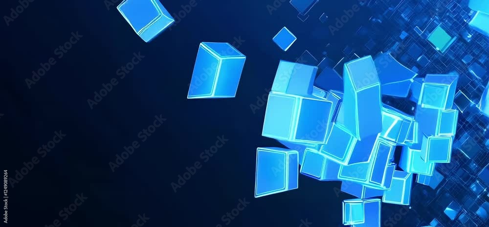 Poster a blue background with squares of different sizes. the squares are arranged in a pattern