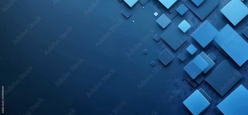 Poster a blue background with squares of different sizes. the squares are arranged in a pattern