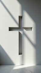 Naklejka premium A minimalist Christian cross design on a sunlit wall.