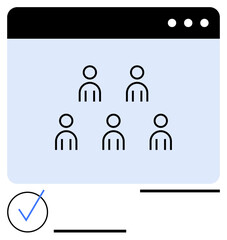 Five outlined user figures inside a browser interface with a blue background and a checkmark below. Ideal for teamwork, remote work, networking, communication, virtual meetings, HR concepts, digital