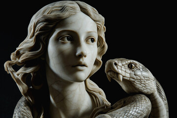 Lamia, a mad woman who, having lost her children, turned into a snake to devour other people's children. Fragment of a marble statue. Ancient mythology.