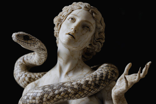 Lamia, a mad woman who, having lost her children, turned into a snake to devour other people's children. Marble statue on black background. Ancient Oim and ancient Greek mythology.