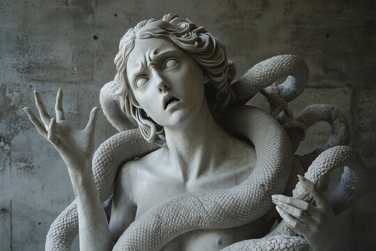 Lamia, a mad woman who, having lost her children, turned into a snake to devour other people's children. Fragment of a marble statue. Ancient Oim and ancient Greek mythology. Horizontal image.