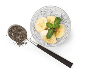 Delicious chia pudding with banana and mint in glass isolated on white, top view
