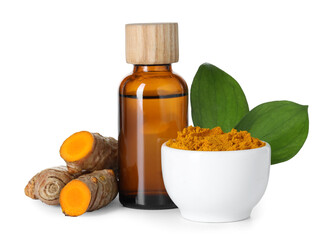 Bottle of turmeric essential oil, powder, raw roots and leaves isolated on white