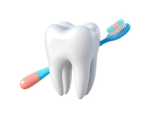 A three-dimensional tooth model with a blue toothbrush isolated on white and transparent background.