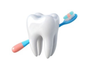 A three-dimensional tooth model with a blue toothbrush isolated on white and transparent background.