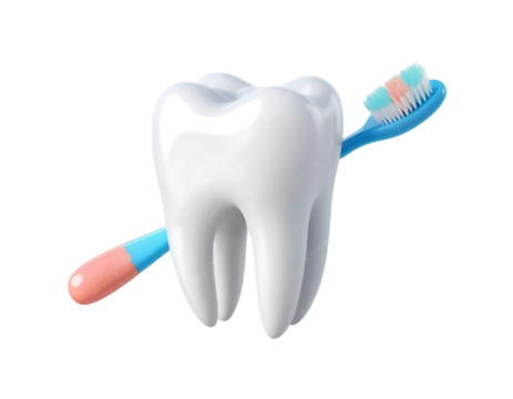 A three-dimensional tooth model with a blue toothbrush isolated on white and transparent background.