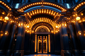 Obraz premium A vibrant theater entrance showcases bright neon lights and ornate golden columns illuminating the area at night. The alluring design captures attention and invites curious visitors