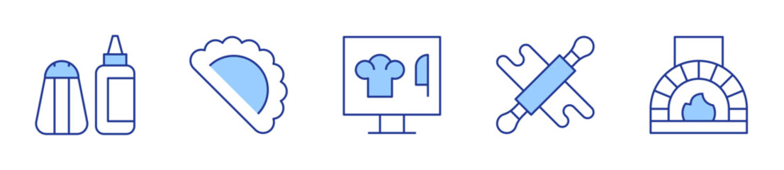 computer, salt, rolling pin, gyoza, pizza oven. Cooking Icon vector illustration. Line Duotone style. Editable stroke