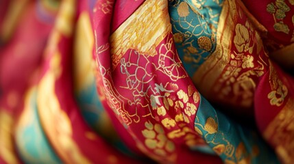 Vibrant fabric in stunning hues of red, blue, and gold. The intricate patterns complement its rich texture. Perfect for fashion or interior design projects. Generative AI