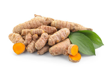 Raw turmeric roots and green leaves isolated on white