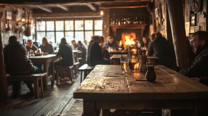 A cozy pub atmosphere filled with friends enjoying drinks. Laughter and warmth surround the rustic wooden tables. The fireplace adds to the charm of this gathering space. Generative AI