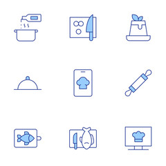 Cooking icons set. Line Duotone style, editable stroke. channel, dessert, roller, cook, cutting board, fish, tray, cooking