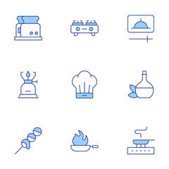 Cooking icons set. Line Duotone style, editable stroke. chef hat, frying pan, toaster, oil, pan, stove, video, camping gas, dango