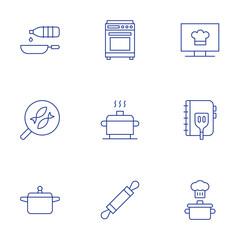 Cooking icons set. Thin Line style, editable stroke. channel, cook book, cooking, oil, oven, pan, pot, roller