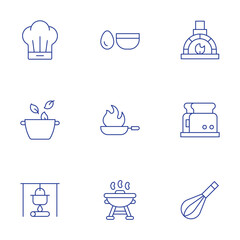 Cooking icons set. Thin Line style, editable stroke. chef hat, cook, cooking, egg, frying pan, grill, stone oven, toaster, whisk