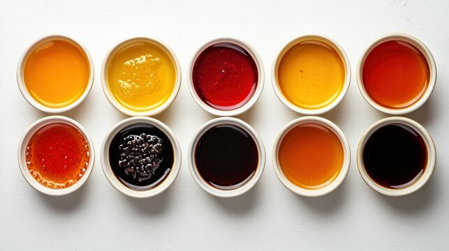 Colorful sauces in small bowls on white surface