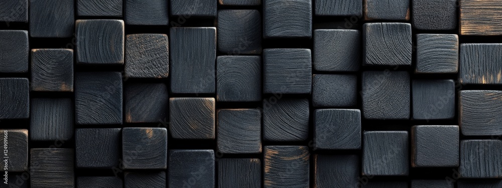 Poster dark abstract arrangement of black wooden cubes creating a textured pattern for modern art and desig