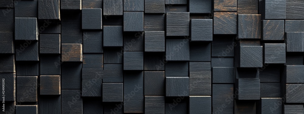 Poster abstract arrangement of dark black wooden cubes creating a textured pattern for background or design