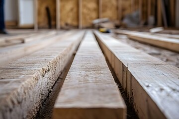 Obraz premium A close-up view of wooden planks on a construction site, highlighting their textures and arrangement on the floor. Concept Wooden Plank Textures, Construction Site Details, Flooring Arrangement