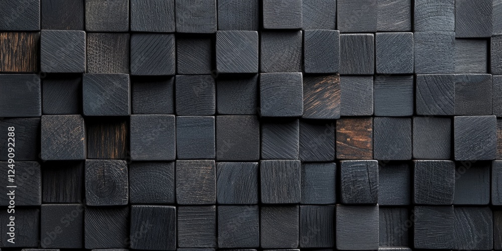 Poster dark and gray wooden cubes arranged in an intricate pattern for textured background and design eleme