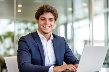 Smiling young professional man working on a laptop in a modern office