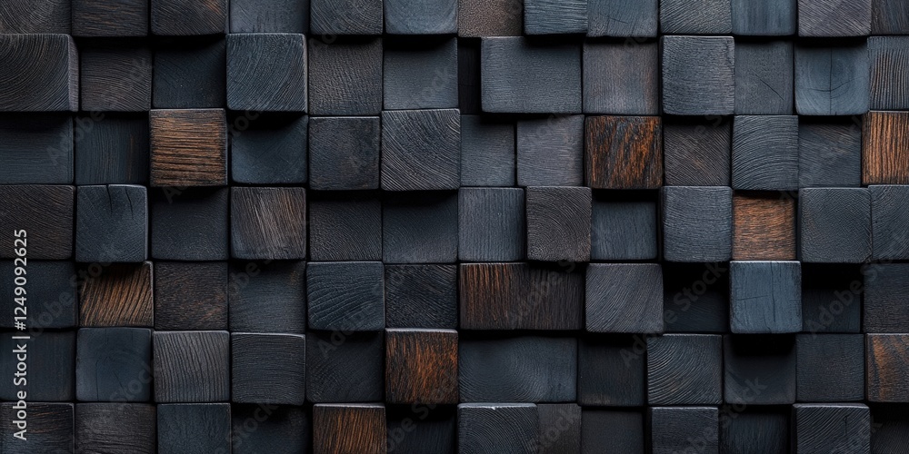 Poster intricately arranged dark gray and black wooden cubes on a surface creating a textured and stylish b