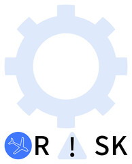 Gear symbol with blue circle containing airplane icon, letters R and SK with exclamation warning triangle between. Ideal for aviation safety, risk assessment, engineering, management, compliance