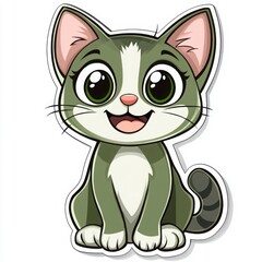 Obraz premium Adorable Cartoon Kitten: A charming illustration of a grey tabby kitten with big, expressive eyes and a cheerful smile. Perfect for children's books, greeting cards.