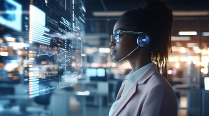 Professional woman monitors data analysis in modern tech office setting during evening hours