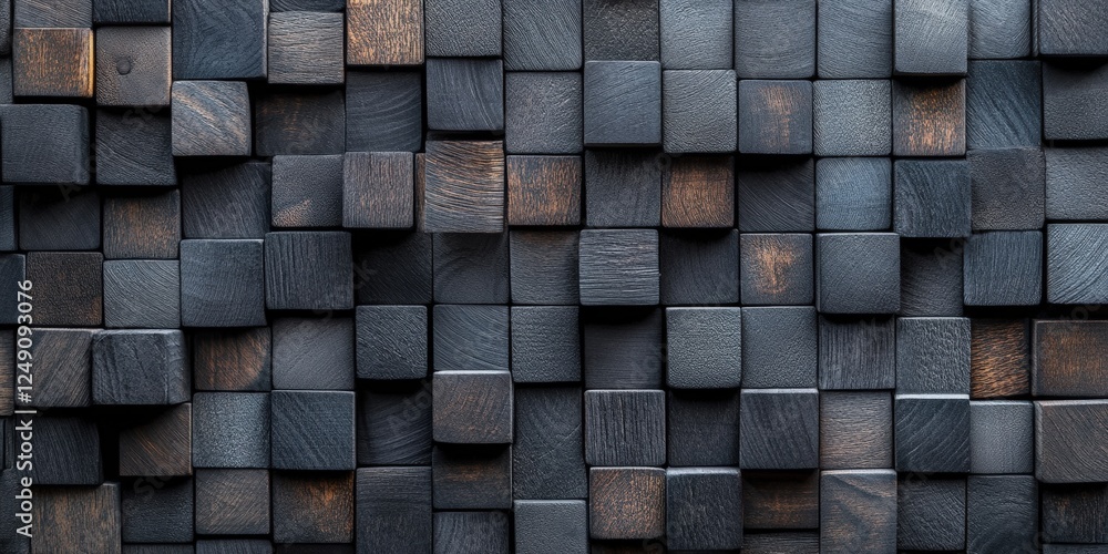 Poster intricate arrangement of dark gray and black wooden cubes on a surface creating a textured backgroun