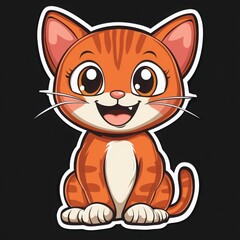 Obraz premium Cute Orange Kitten: An adorable cartoon illustration of a cheerful orange tabby kitten with big, expressive eyes and a playful smile, sitting against a black background. 