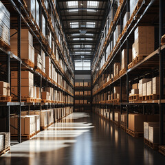 Fototapeta premium Large industrial warehouse with towering metal racks filled with stacked boxes and pallets. Sunlight streams through the skylights, creating a bright and organized logistics space.