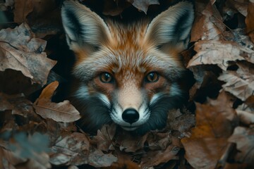 Fototapeta premium Red fox hiding in autumn leaves, wildlife portrait