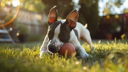 A Bull Terrier playing with a ball