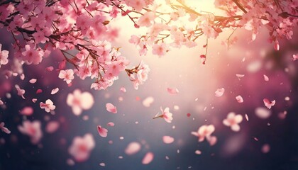 Obraz premium Cherry Blossom Breeze – Delicate pink petals drifting through the air with copy space
