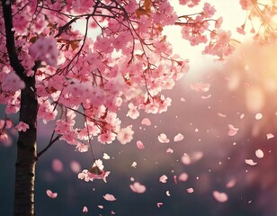 Fototapeta premium Cherry Blossom Breeze – Delicate pink petals drifting through the air with copy space