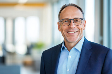 Fototapeta premium Smiling professional man in glasses with suit in office light setting