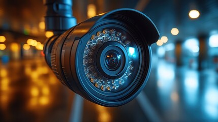 Obraz premium Close-up of a security camera lens in a dimly lit environment.