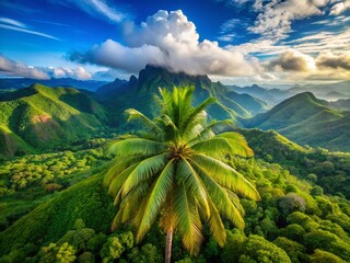 Majestic Green Palm Tree on Mountaintop, Cloud-Kissed Blue Sky Drone Shot