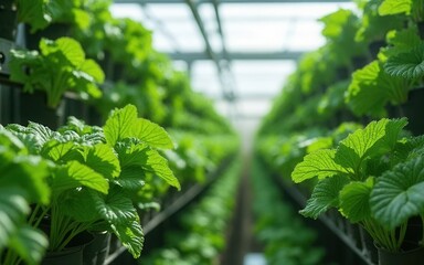 Lush Green Leaves Growing in a Modern Hydroponic Greenhouse