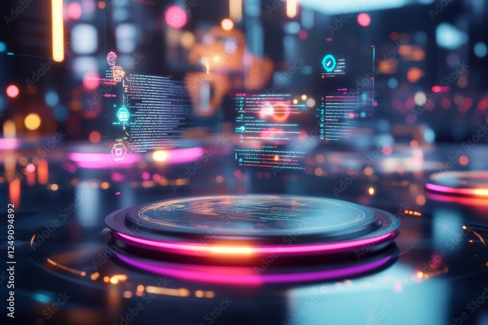 Poster A 3D-rendered futuristic workspace with floating topic lists displayed on holographic boards