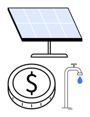 Solar panel, coin with dollar sign, dripping water tap. Ideal for energy efficiency, sustainability, renewable energy, saving, eco-friendly technology conservation and resource management. Abstract