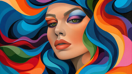 Vibrant portrait of woman with colorful flowing hair, showcasing self acceptance and embracing individuality. bold colors and artistic style evoke sense of liberation and confidence