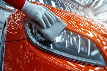 Hand in a glove cleaning the headlight of a shiny red car