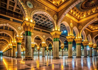 Obraz premium Majestic Interior of the Kaaba Mosque: Ornate Pillars and Nighttime Illumination