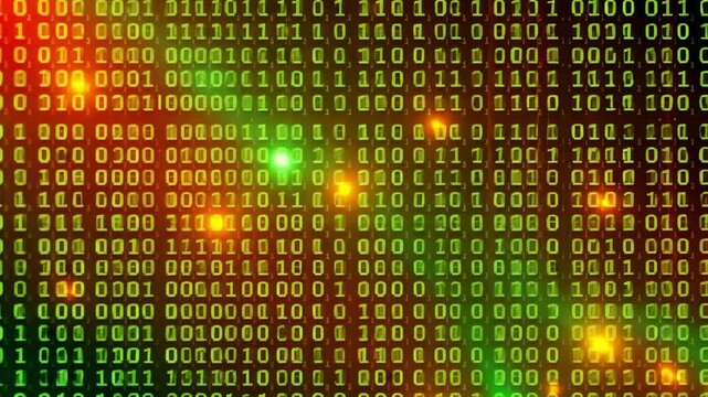 Abstract digital binary code in green against red-orange background, concept of technology, complexity, data
