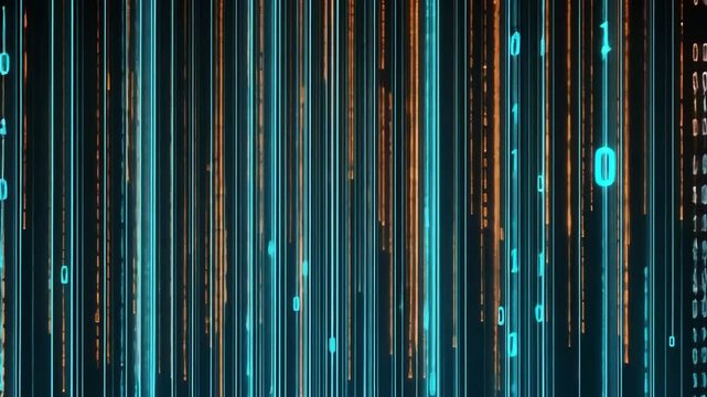 Abstract digital binary code in green against red-orange background, concept of technology, complexity, data
