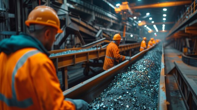 At a mining facility, workers wearing safety gear diligently sort and process minerals on a conveyor belt, surrounded by machinery and bright lights during nighttime operations.